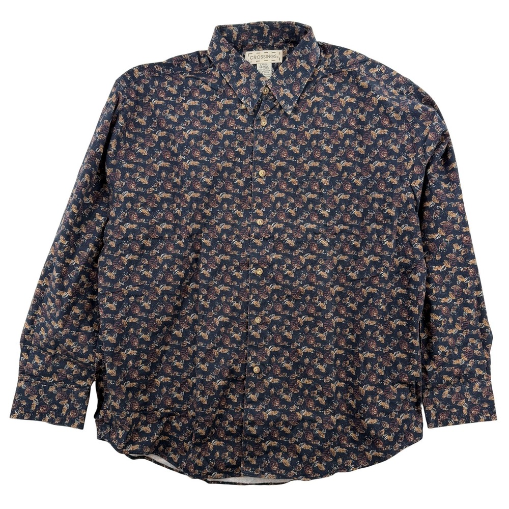 Crossings‎ Shirt Mens Large Navy Blue Leaf Print Button Down Long Sleeve Casual